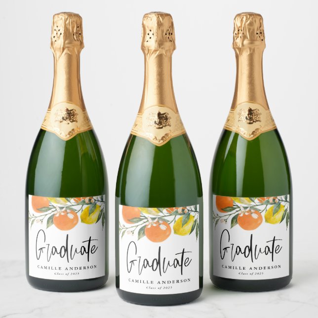 Botanical Oranges and Lemons Citrus Graduation Sparkling Wine Label (Bottles)