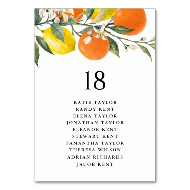 Botanical Oranges and Lemons Wedding Table Seating Number (Front)