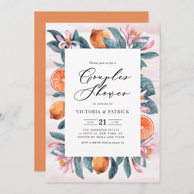Botanical Oranges and Pink Blossoms Couples Shower Invitation (Front/Back)