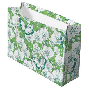 Botanical Orchid Garden with Butterflies in green Large Gift Bag