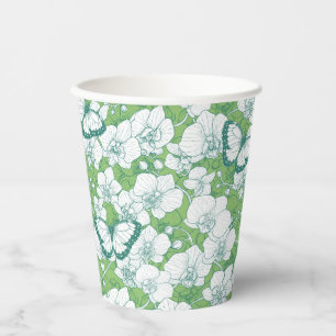Botanical Orchid Garden with Butterflies in green Paper Cups