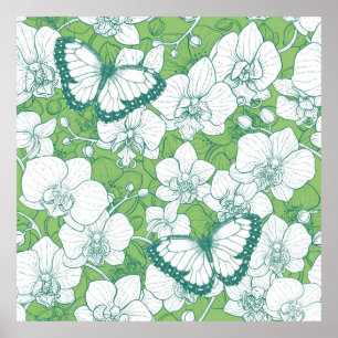 Botanical Orchid Garden with Butterflies in green Poster