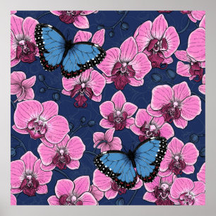 Botanical Orchid Garden with Butterflies Poster