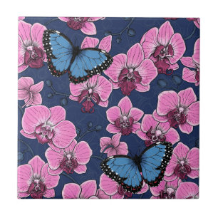Botanical Orchid Garden with Butterflies Tile