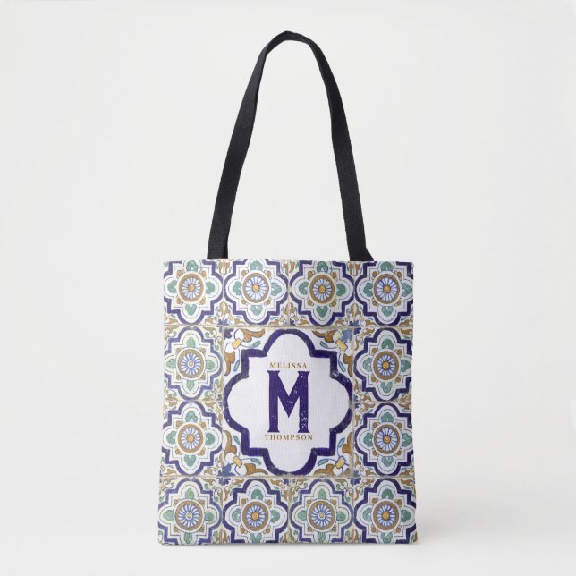 Botanical Ornamental Tiles Monogram Tote Bag (Front)