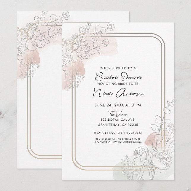 Botanical Outline Sage Blush Floral Bridal Shower Invitation (Front/Back)