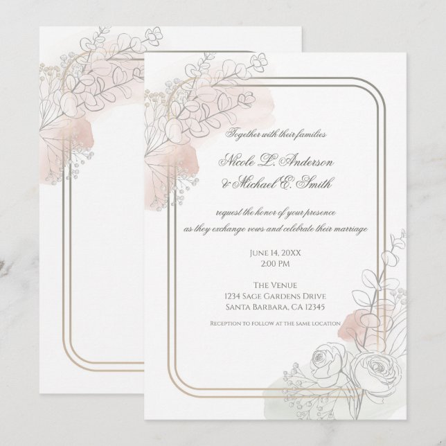 Botanical Outline Sage & Blush Floral Wedding  Invitation (Front/Back)