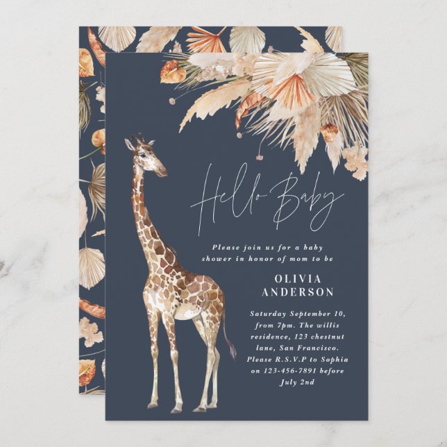 Botanical pampas grass giraffe safari navy blue invitation (Front/Back)