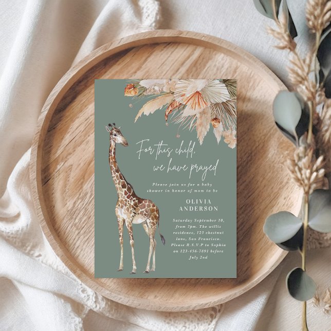 Botanical pampas grass giraffe safari sage green i invitation (Creator Uploaded)