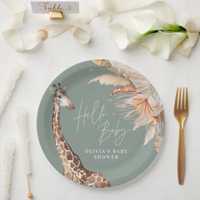 Botanical pampas grass giraffe safari sage green paper plate (Wedding)