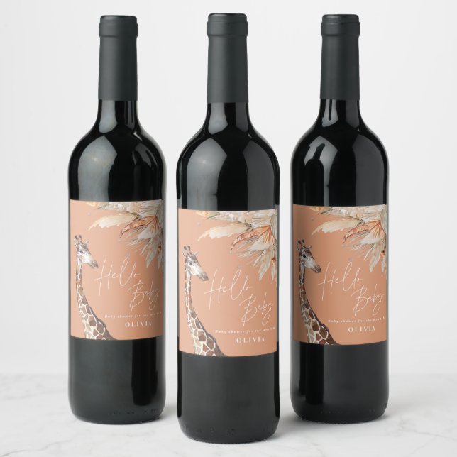 Botanical pampas grass giraffe safari terracotta wine label (Bottles)