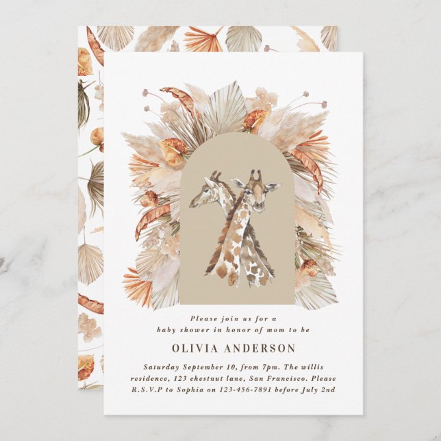Botanical pampas grass modern giraffe safari chic invitation (Front/Back)
