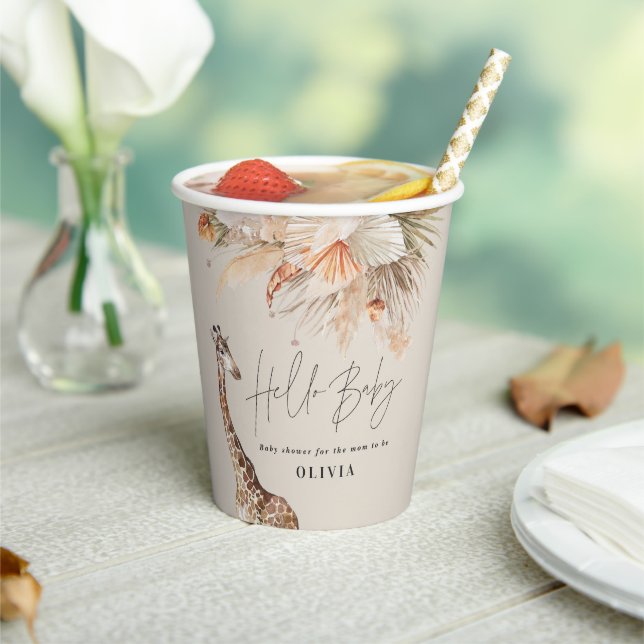 Botanical pampas grass modern giraffe safari chic paper cups (Insitu)