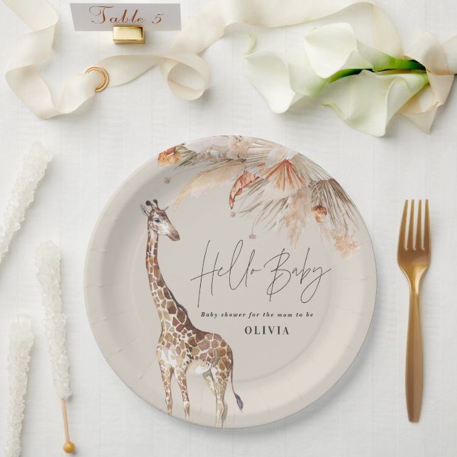 Botanical pampas grass modern giraffe safari chic paper plate (Wedding)