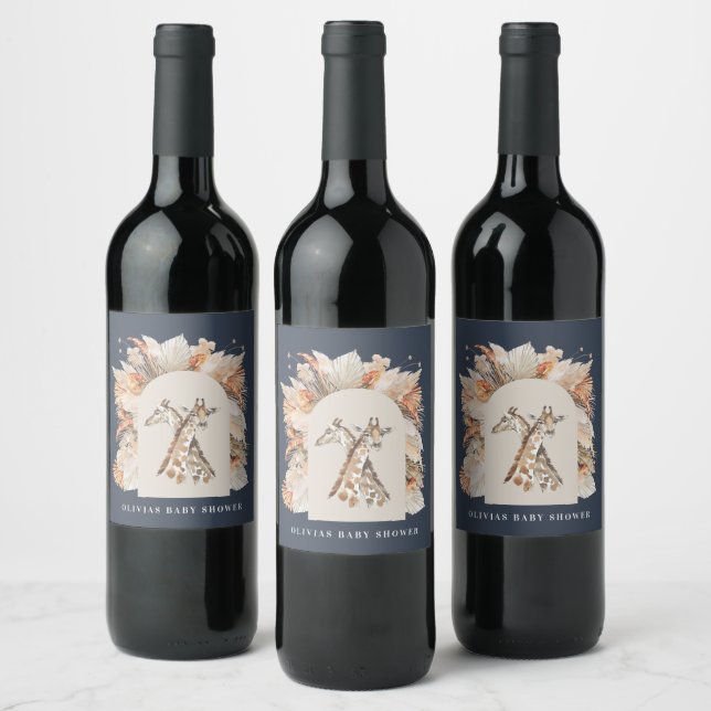 Botanical pampas grass modern rustic navy blue wine label (Bottles)