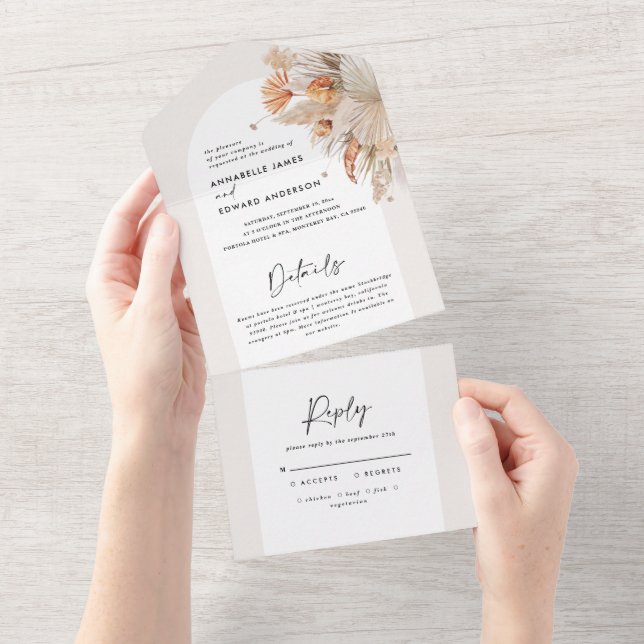 Botanical pampas grass wedding all in one invitation (Tearaway)