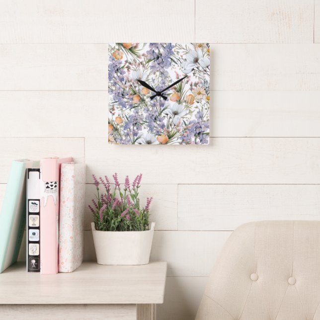 Botanical pastel colours wildflower summer floral square wall clock (Reading Room)