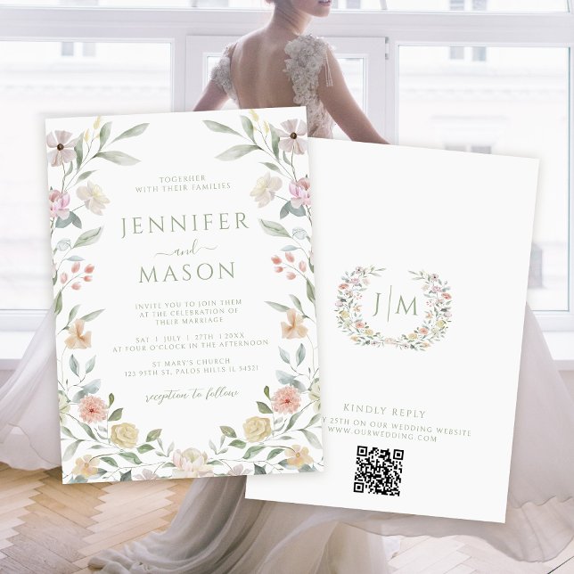 Botanical Pastel Flower Wreath Wedding Invitation (Creator Uploaded)