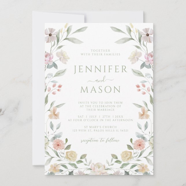 Botanical Pastel Flower Wreath Wedding Invitation (Front)