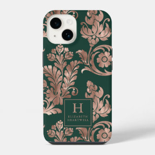 Botanical Pattern Monogram Rose Gold Emerald Green iPhone 14 Case