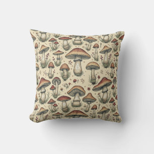 Botanical Pattern of Mushrooms in Brown and Beige Cushion