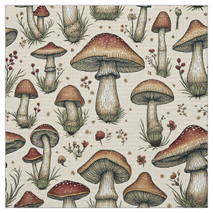 Botanical Pattern of Mushrooms in Brown and Beige Fabric
