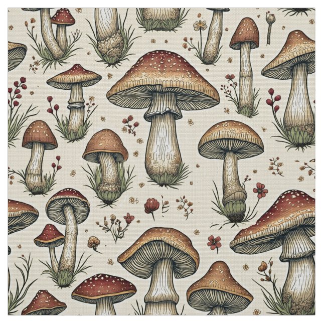 Botanical Pattern of Mushrooms in Brown and Beige  Fabric (Swatch)