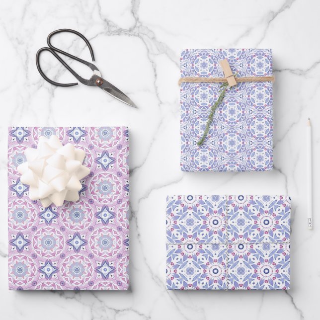 Botanical Pattern with Blue, Lavender, and Pink Wrapping Paper Sheet (Front)