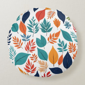 Botanical pattern with tropical leaves on white round cushion