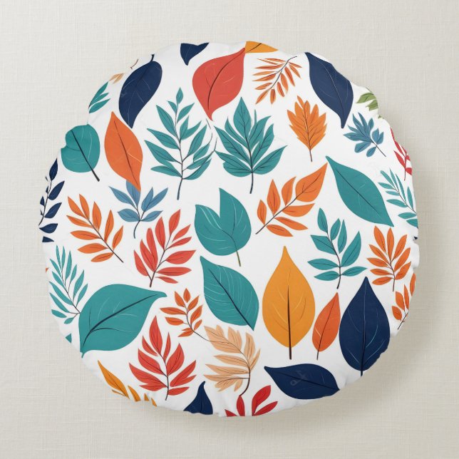 Botanical pattern with tropical leaves on white round cushion (Front)