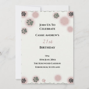 Botanical Paw Print Dog Lover Editable Birthday Invitation