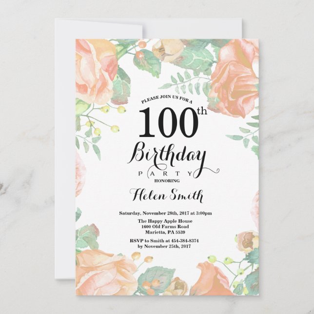 Botanical Peach Floral 100th Birthday Invitation (Front)
