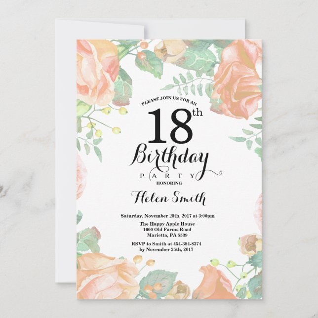 Botanical Peach Floral 18th Birthday Invitation (Front)
