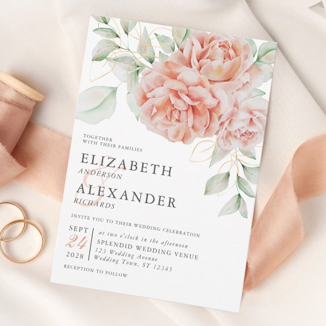 Botanical Peach Floral Elegant Garden Wedding Invitation (Creator Uploaded)