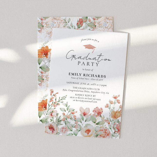 Botanical Peach Floral Graduation Party Invitation (Creator Uploaded)