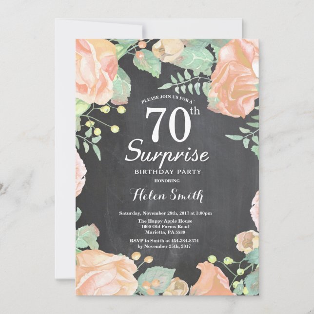 Botanical Peach Floral Surprise 70th Birthday Invitation (Front)