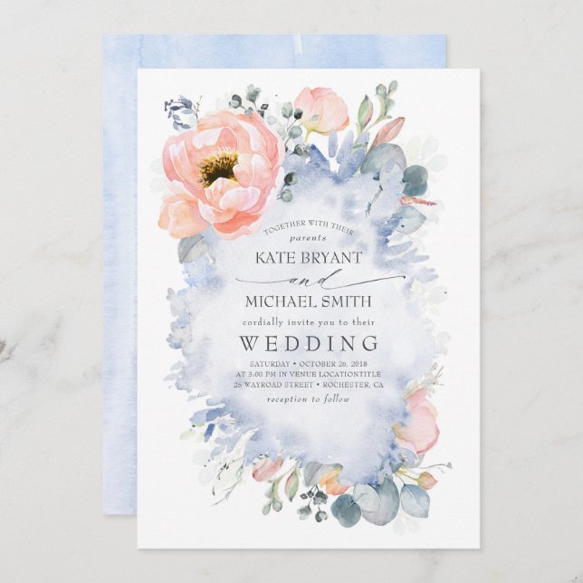 Botanical Peach Flowers Dusty Blue Wedding Invitation (Front/Back)
