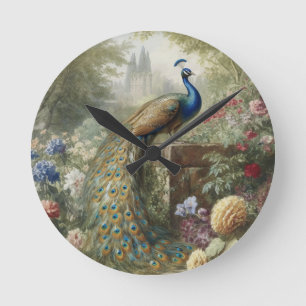 Botanical: peacock near castle in English garden Round Clock