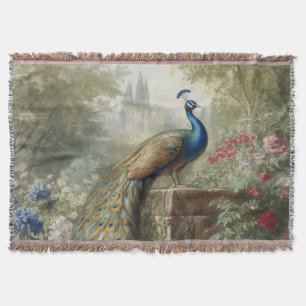 Botanical: peacock near castle in English garden  Throw Blanket
