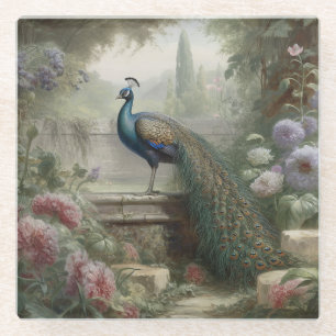 Botanical: peacock on stairs in an English garden Glass Coaster