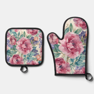 Botanical Peony Watercolor Lavender Blooms Floral Oven Mitt & Pot Holder Set