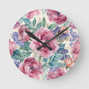 Botanical Peony Watercolor Lavender Blooms Floral Round Clock