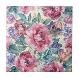 Botanical Peony Watercolor Lavender Blooms Floral Tile