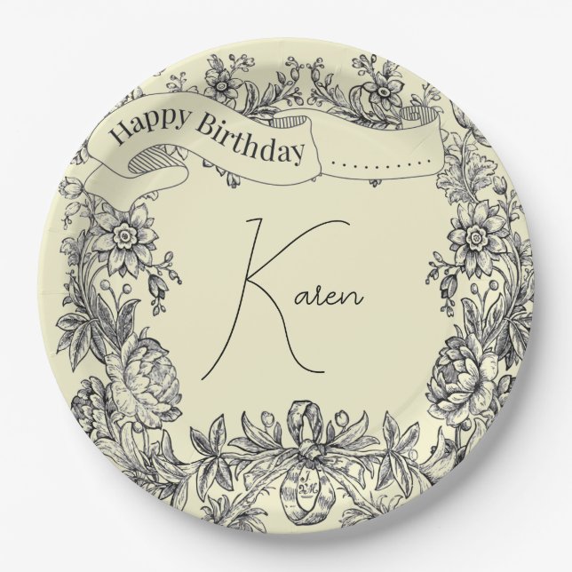 Botanical Personalised Name Floral Calligraphy Paper Plate (Front)