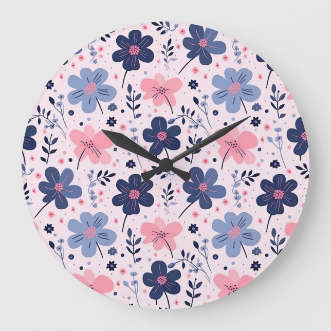 Botanical Pink And Blue Flowers Nature Print Large Clock (Front)