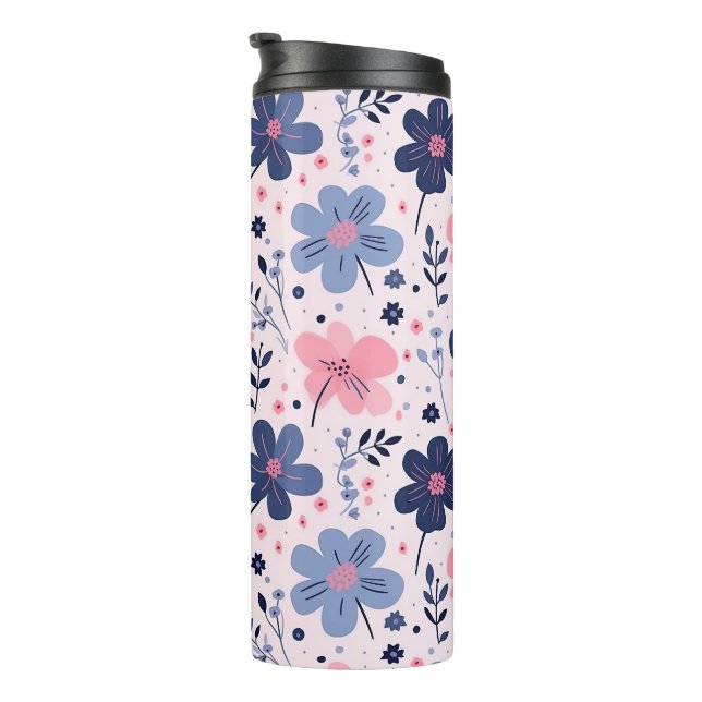 Botanical Pink And Blue Flowers Nature Print Thermal Tumbler (Rotated Right)