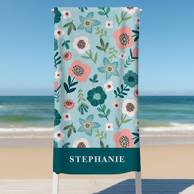 Botanical Pink And Blue Spring Garden Personalised Beach Towel (Creator Uploaded)