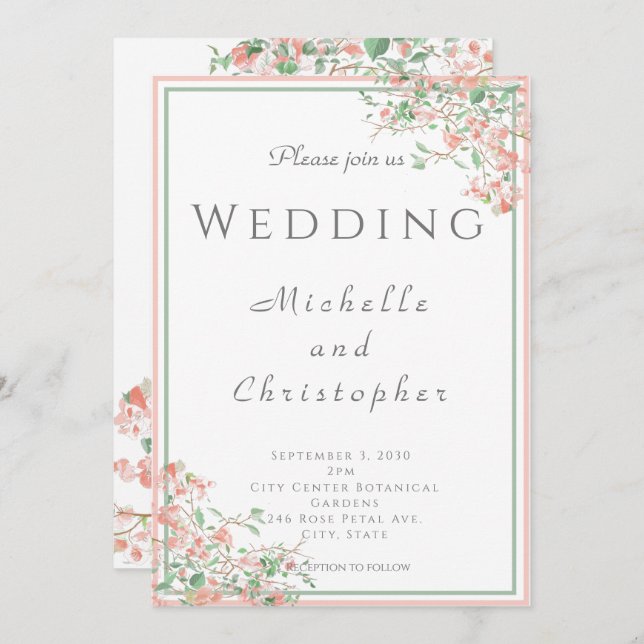 Botanical Pink and Green Boho Wedding Invitation (Front/Back)