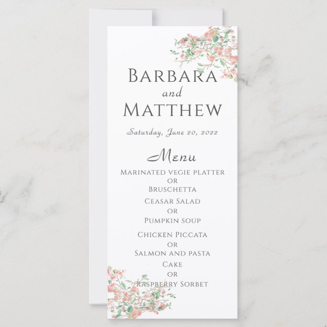 Botanical Pink and Green Boho Wedding Menu Card (Front)