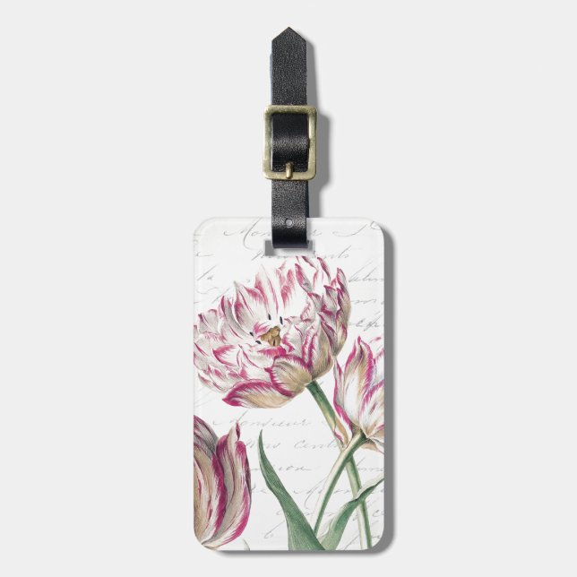 Botanical Pink and White Tulip Illustration Luggage Tag (Front Vertical)